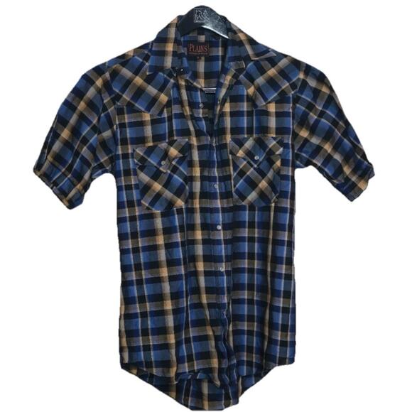Plains Western Wear Snap Button Shirt Men's Small S/S Lot Of 2 Brown Blue Plaid - Picture 2 of 9